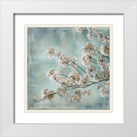 Aqua Blossoms I White Modern Wood Framed Art Print with Double Matting by Seba, John