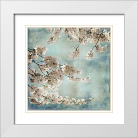 Aqua Blossoms II White Modern Wood Framed Art Print with Double Matting by Seba, John