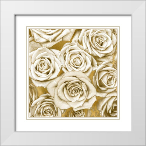 Ivory Roses on Gold White Modern Wood Framed Art Print with Double Matting by Bennett, Kate
