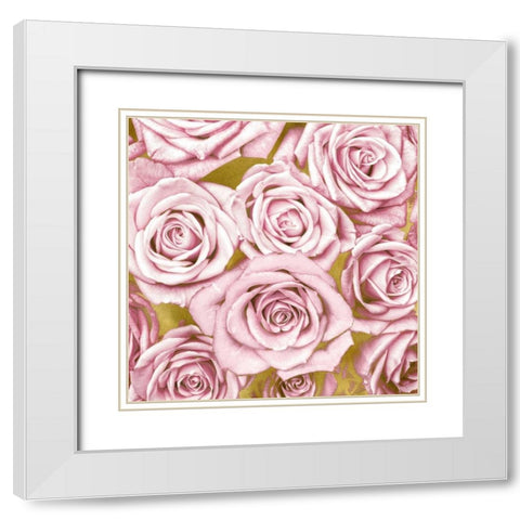 Pink Roses on Gold White Modern Wood Framed Art Print with Double Matting by Bennett, Kate