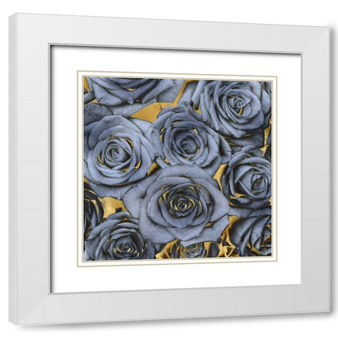 Roses - Blue on Gold White Modern Wood Framed Art Print with Double Matting by Bennett, Kate