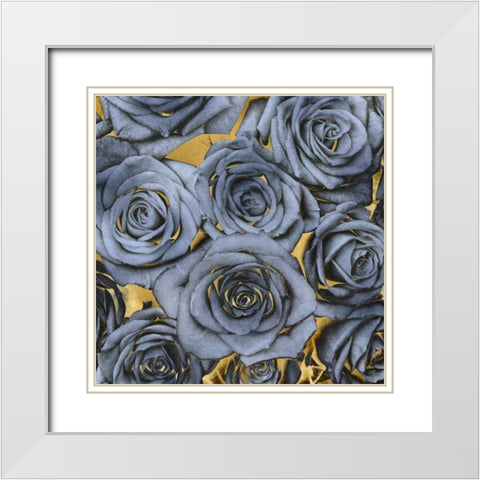 Roses - Blue on Gold White Modern Wood Framed Art Print with Double Matting by Bennett, Kate