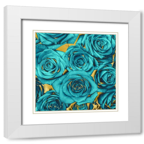 Roses - Teal on Gold White Modern Wood Framed Art Print with Double Matting by Bennett, Kate