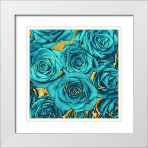 Roses - Teal on Gold White Modern Wood Framed Art Print with Double Matting by Bennett, Kate