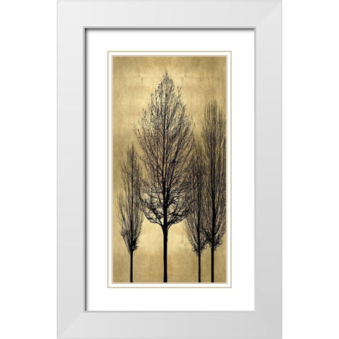 Tree Silhutette on Gold II White Modern Wood Framed Art Print with Double Matting by Bennett, Kate