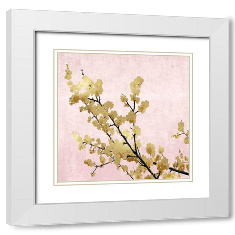 Gold Blossoms on Pink I White Modern Wood Framed Art Print with Double Matting by Bennett, Kate