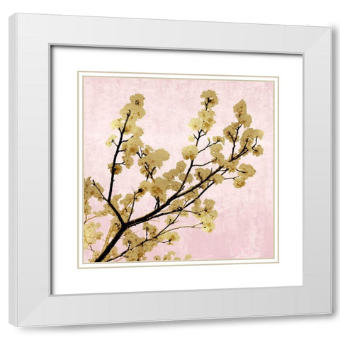 Gold Blossoms on Pink II White Modern Wood Framed Art Print with Double Matting by Bennett, Kate