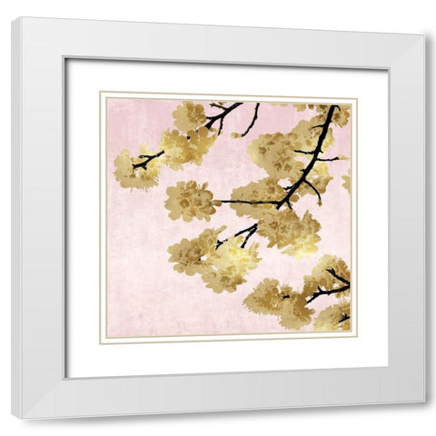 Gold Blossoms on Pink IV White Modern Wood Framed Art Print with Double Matting by Bennett, Kate
