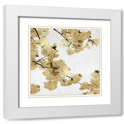 Gold Blossoms on White I White Modern Wood Framed Art Print with Double Matting by Bennett, Kate