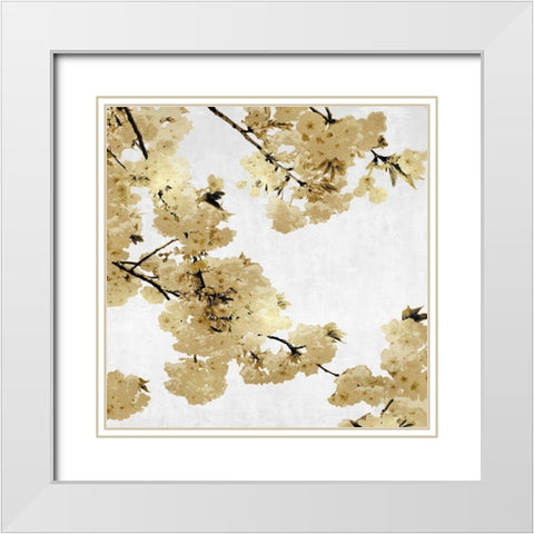 Gold Blossoms on White I White Modern Wood Framed Art Print with Double Matting by Bennett, Kate