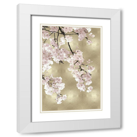 Pink Blossoms on Gold I White Modern Wood Framed Art Print with Double Matting by Bennett, Kate