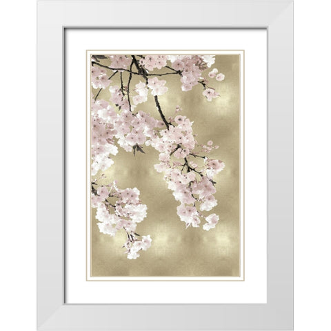 Pink Blossoms on Gold I White Modern Wood Framed Art Print with Double Matting by Bennett, Kate