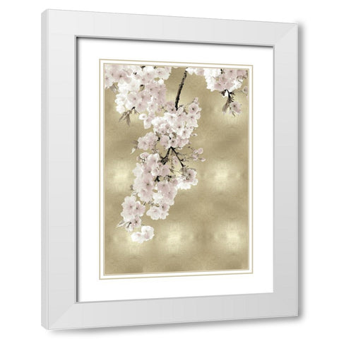 Pink Blossoms on Gold II White Modern Wood Framed Art Print with Double Matting by Bennett, Kate