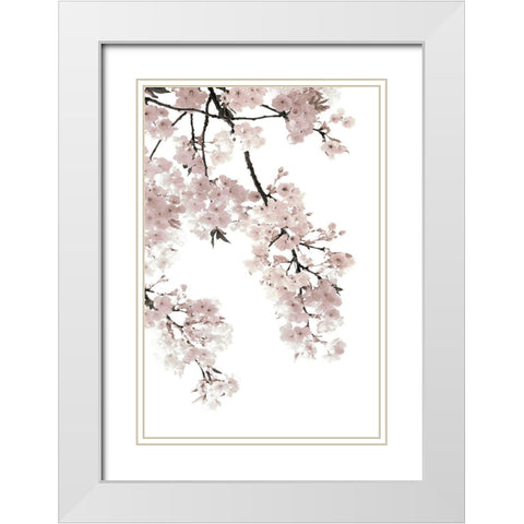 Pink Blossoms on White I White Modern Wood Framed Art Print with Double Matting by Bennett, Kate
