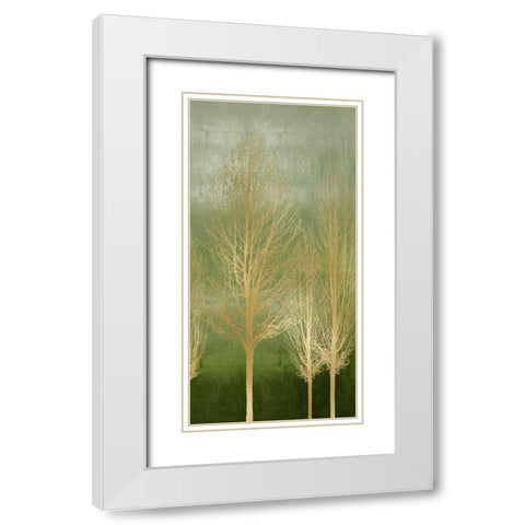 Gold Trees on Green Panel II White Modern Wood Framed Art Print with Double Matting by Bennett, Kate