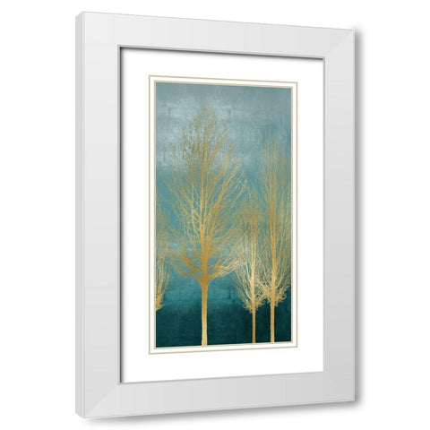 Gold Trees on Aqua Panel II White Modern Wood Framed Art Print with Double Matting by Bennett, Kate
