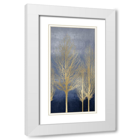 Gold Trees on Blue Panel II White Modern Wood Framed Art Print with Double Matting by Bennett, Kate