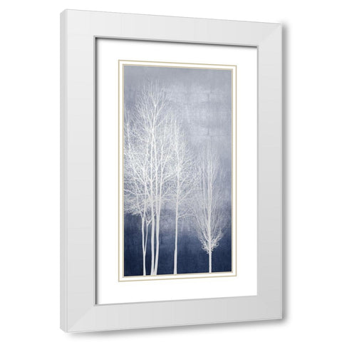 White Trees on Blue Panel I White Modern Wood Framed Art Print with Double Matting by Bennett, Kate