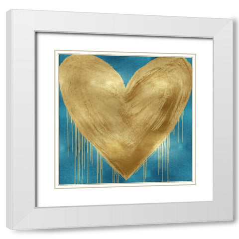Big Hearted Gold on Aqua White Modern Wood Framed Art Print with Double Matting by Rodgers, Lindsay