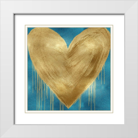 Big Hearted Gold on Aqua White Modern Wood Framed Art Print with Double Matting by Rodgers, Lindsay