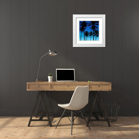 Palms Black on Blue I White Modern Wood Framed Art Print with Double Matting by Jensen, Mia