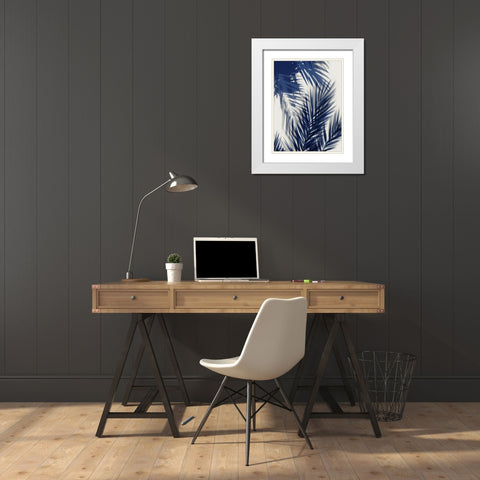 Palm Shadows Blue II White Modern Wood Framed Art Print with Double Matting by Miller, Melonie