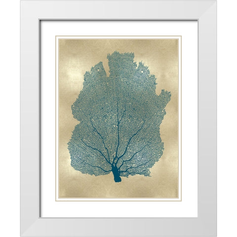 Sea Fan Teal on Gold I White Modern Wood Framed Art Print with Double Matting by Miller, Melonie
