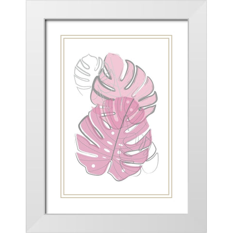 Pink Leaves White Modern Wood Framed Art Print with Double Matting by Pavlova, Martina