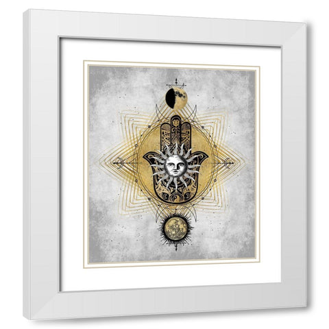 Hamsa Hand with Sun White Modern Wood Framed Art Print with Double Matting by Jeffries, Oliver