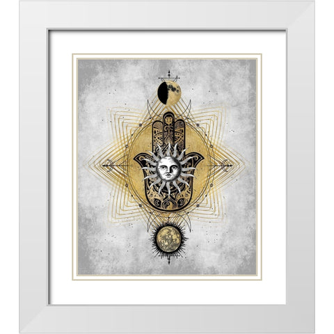 Hamsa Hand with Sun White Modern Wood Framed Art Print with Double Matting by Jeffries, Oliver