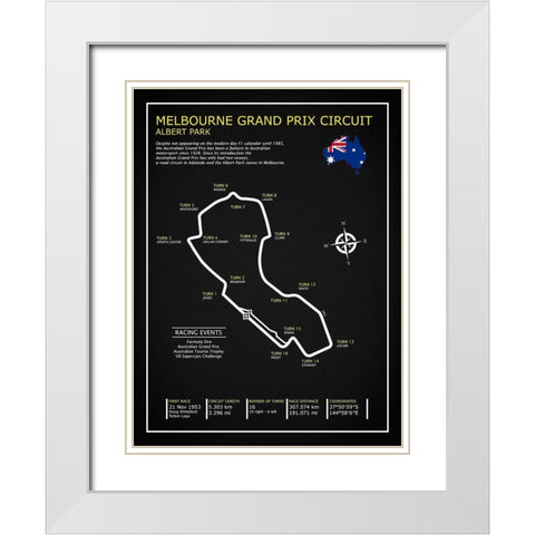 Melbourne GP Circuit BL White Modern Wood Framed Art Print with Double Matting by Rogan, Mark