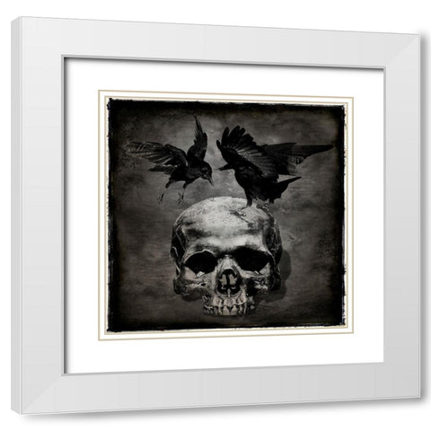 Skull with Crows White Modern Wood Framed Art Print with Double Matting by Wagner, Martin