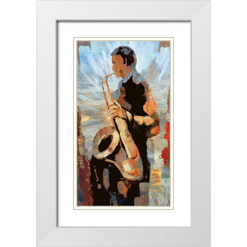 Sax Man White Modern Wood Framed Art Print with Double Matting by Bolokofsky, Ronald