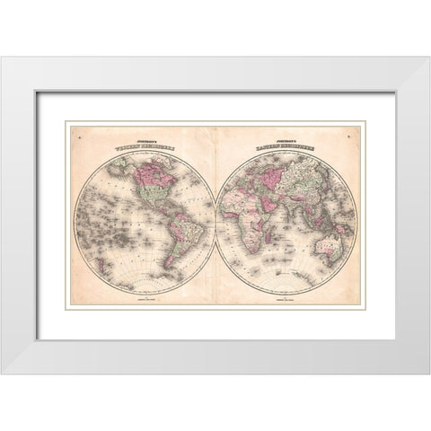1862 Johnson Map of the World White Modern Wood Framed Art Print with Double Matting by Johnson