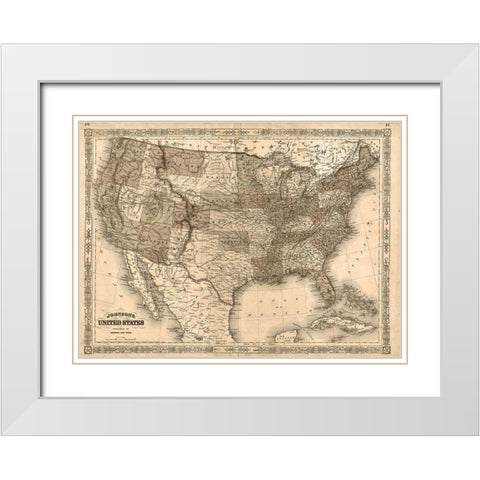 1866 Johnson Map of the United States Antiqued White Modern Wood Framed Art Print with Double Matting by Johnson