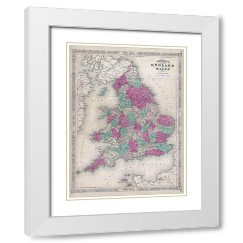 1867 Johnson Map of England and Wales White Modern Wood Framed Art Print with Double Matting by Johnson