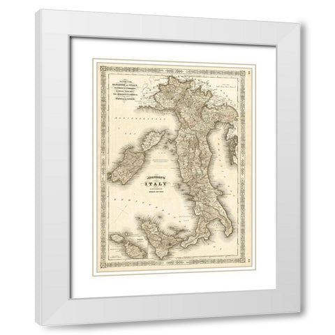 1866 Johnson Map of Italy Antiqued White Modern Wood Framed Art Print with Double Matting by Johnson