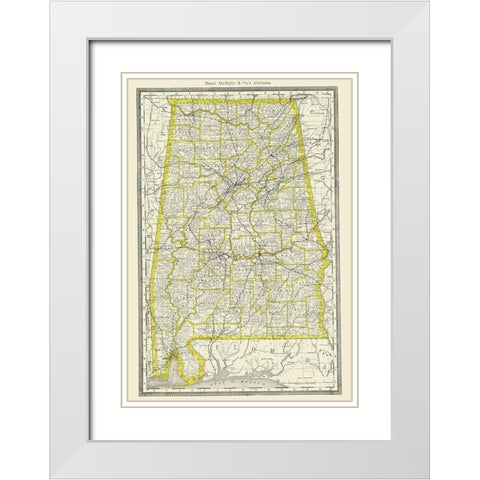 Alabama - Rand McNally 1890 White Modern Wood Framed Art Print with Double Matting by Rand McNally