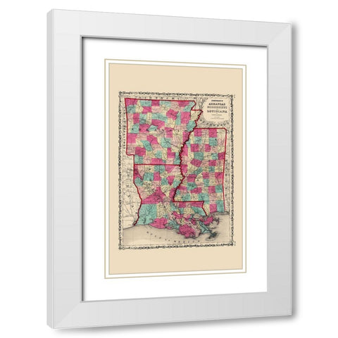 Arkansas, Mississippi, Louisiana - Johnson 1860 White Modern Wood Framed Art Print with Double Matting by Johnson