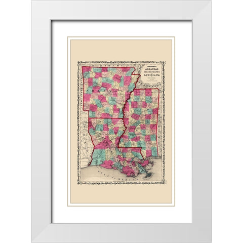 Arkansas, Mississippi, Louisiana - Johnson 1860 White Modern Wood Framed Art Print with Double Matting by Johnson