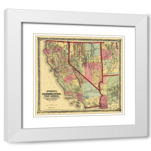 California, Nevada, Utah, Arizona - Bancroft 1873 White Modern Wood Framed Art Print with Double Matting by Bancroft