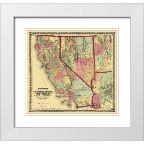 California, Nevada, Utah, Arizona - Bancroft 1873 White Modern Wood Framed Art Print with Double Matting by Bancroft