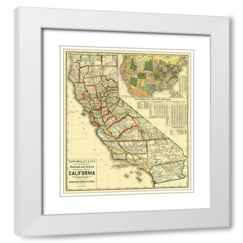 California Railroad and Counties 1883 White Modern Wood Framed Art Print with Double Matting by Rand McNally