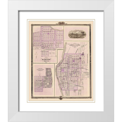 Iowa City, Marengo, Le Claire Iowa - Shober 1875 White Modern Wood Framed Art Print with Double Matting by Shober