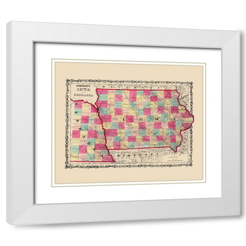 Nebraska, Iowa - Johnson 1860 White Modern Wood Framed Art Print with Double Matting by Johnson