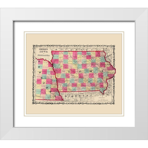 Nebraska, Iowa - Johnson 1860 White Modern Wood Framed Art Print with Double Matting by Johnson
