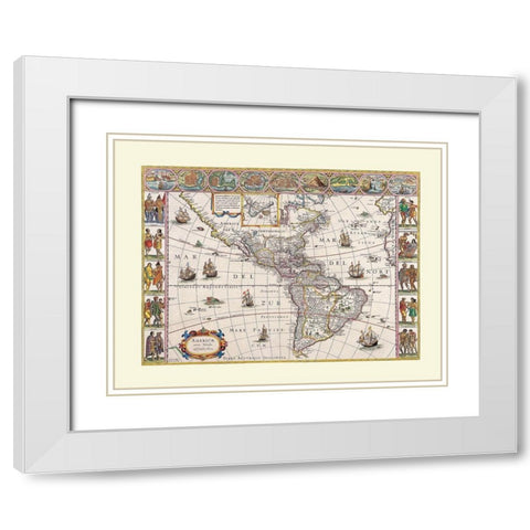North South America - Blaeu White Modern Wood Framed Art Print with Double Matting by Blaeu