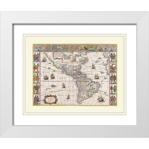 North South America - Blaeu White Modern Wood Framed Art Print with Double Matting by Blaeu