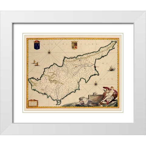 Mediterranean Cyprus - Blaeu 1635 White Modern Wood Framed Art Print with Double Matting by Blaeu
