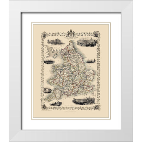Great Britain England Wales - Tallis 1851 White Modern Wood Framed Art Print with Double Matting by Tallis